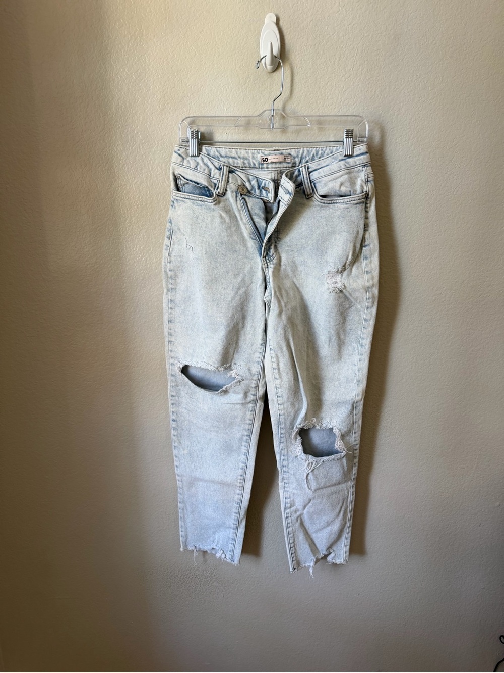 SO Light Wash High Rise Distressed Mom Jeans- 26